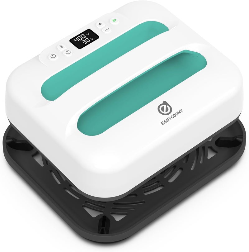 EasyCount E Heat Press Machine 12" x 10" Portable & Easy Heat Press for T-Shirts, Pillows, Tote Bags & More (White-Green) - Image 1